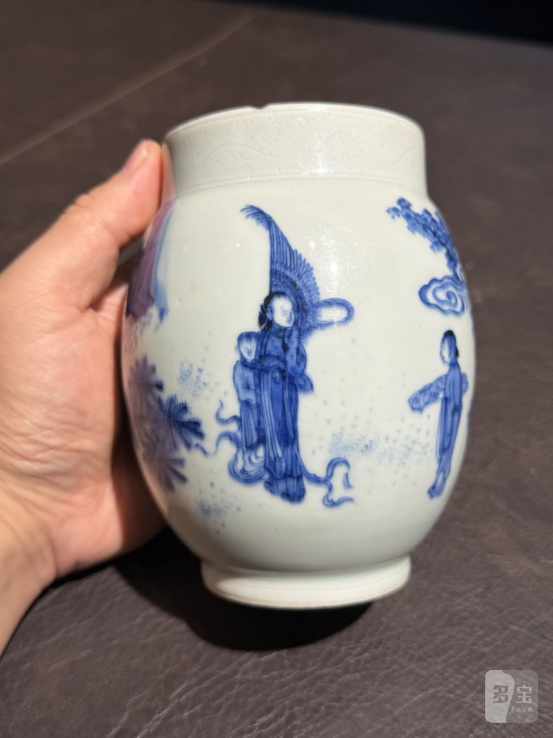 明崇祯 青花“宫妃图”莲子罐 - 图11